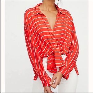 Free People Red Striped Long Sleeve Top